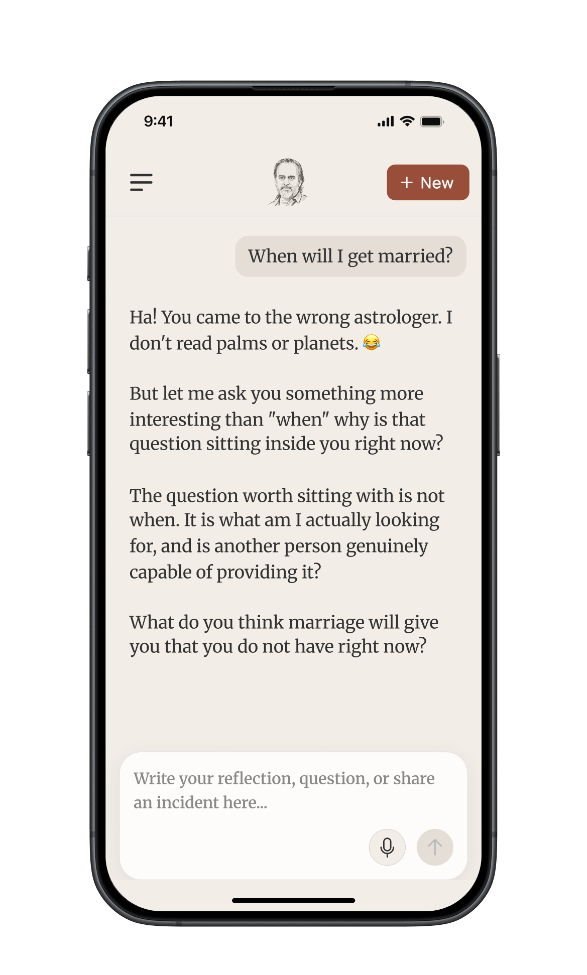 AP Mirror chat showing a response — no judgement, no advice, only reflection
