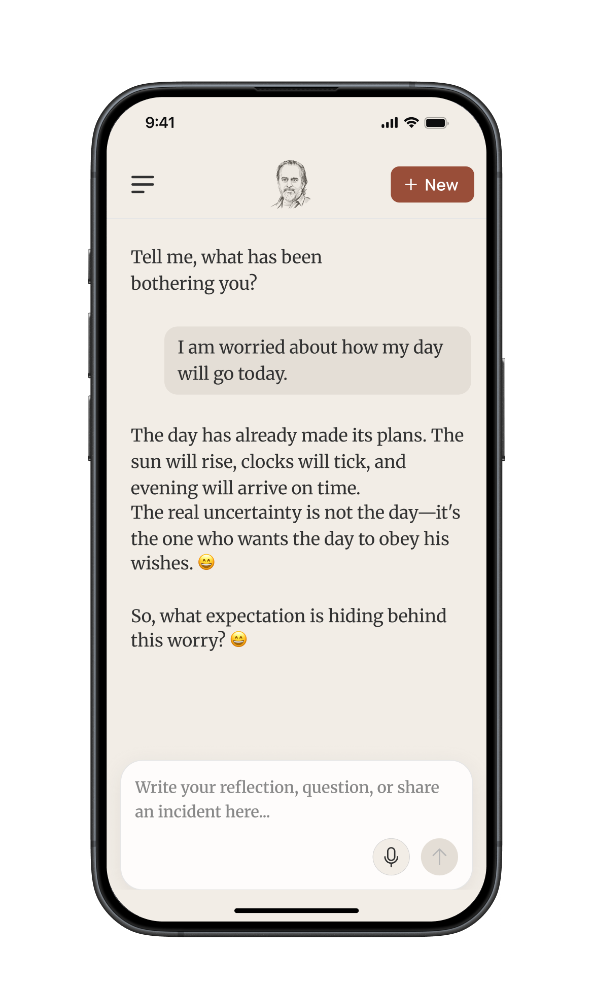 AP Mirror chat interface — a blank prompt inviting you to write freely